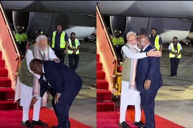 पापुआ न्यू गिनीच्या पंतप्रधानांकडून पंतप्रधान नरेंद्र मोदींचे चरणस्पर्श करून स्वागत