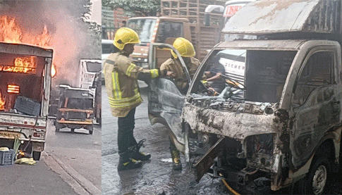 Thane Fire news : ठाणे बेलापूर रोडवर भाजीच्या टेम्पोला भीषण आग