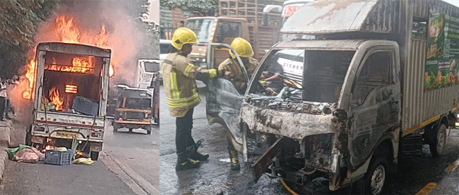 Thane Fire news : ठाणे बेलापूर रोडवर भाजीच्या टेम्पोला भीषण आग