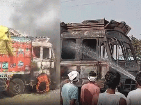 Jalgaon news : जळगावमध्ये तीव्र उष्णतेमुळे गव्हाच्या पोत्याने भरलेला ट्रक पेटला!