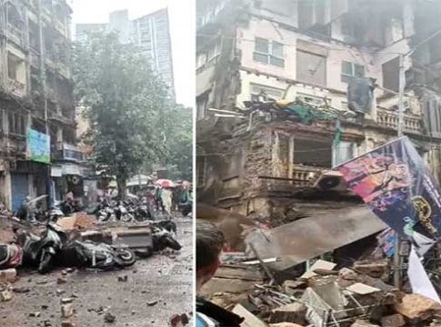 Mumbai news : मुसळधार पावसाचा फटका! ग्रँट रोडमधील इमारतीचा काही भाग कोसळला