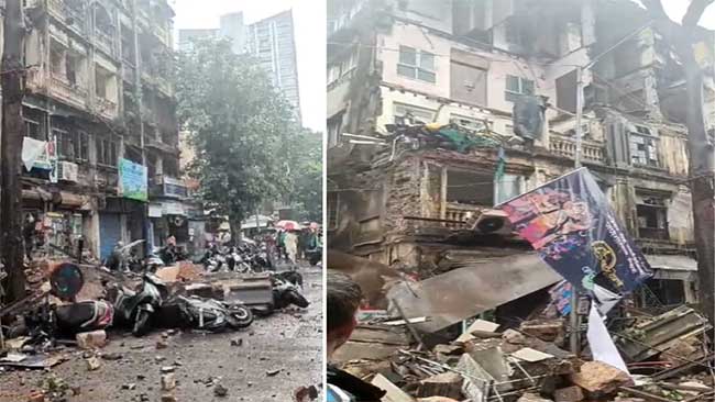 Mumbai news : मुसळधार पावसाचा फटका! ग्रँट रोडमधील इमारतीचा काही भाग कोसळला