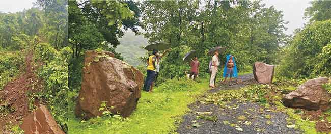 किनेश्वरवाडी रस्त्यावर कोसळले दरडींसोबत महाकाय दगड
