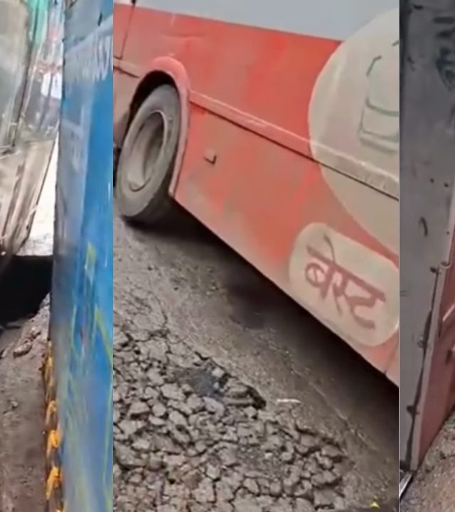 BEST Bus Accident : मुंबईच्या गिरगावात बेस्ट बस ५ फूट खोल खड्ड्यात गेली अन्…