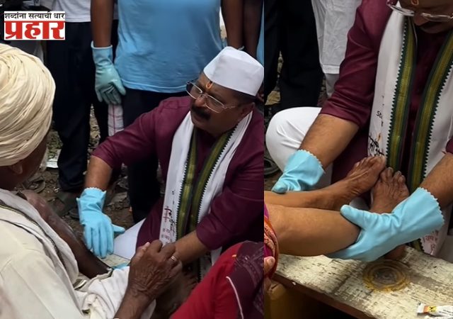 थकलेल्या वारकऱ्यांचे पाय दाबून आदेश बांदेकर यांनी केली सेवा; हृषिकेश आणि सारंगही होते सोबत