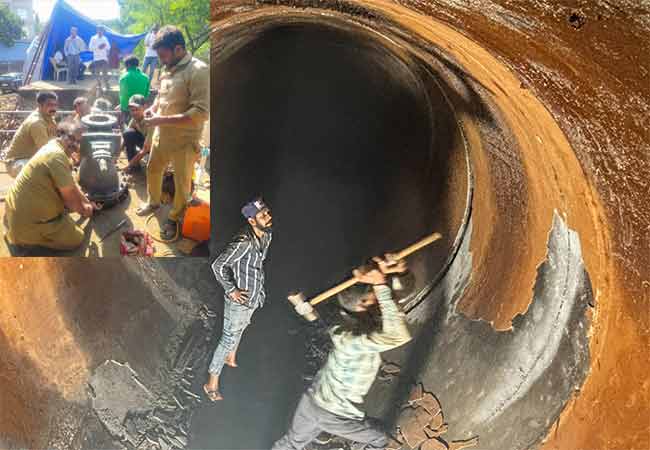 तब्बल २८ तासांच्या प्रयत्नानंतर जलवाहिनी बदलण्याचे काम पूर्ण