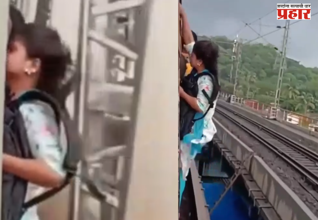 woman caught on camera hanging outside the moving train